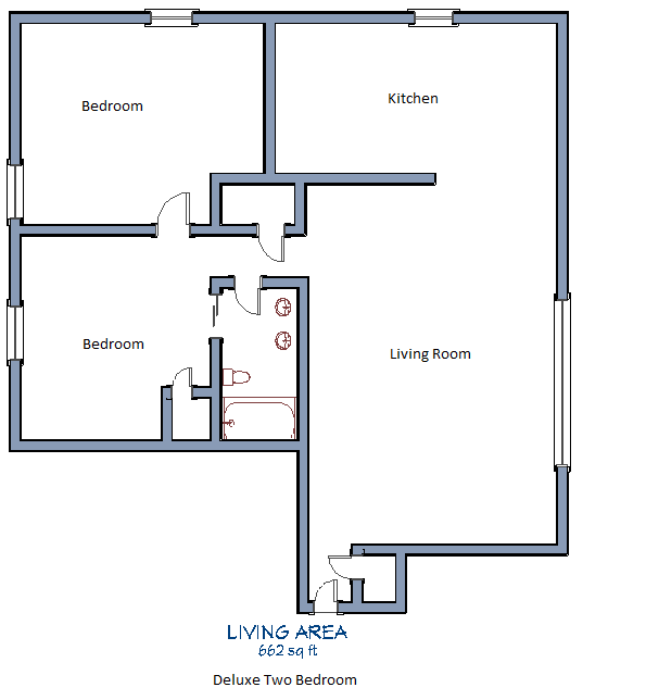 Floor plan for 2 beds, 1 bath, 705 sqft